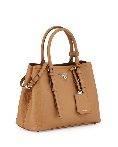 prada tote cuir double small saffiano leather light brown|prada saffiano lux tote small.